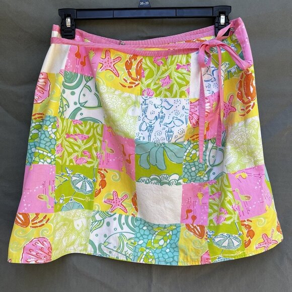 VTG Lilly Pulitzer Reversible Skirt Yellow Pink Shells Patchwork Wrap Preppy - Picture 1 of 9